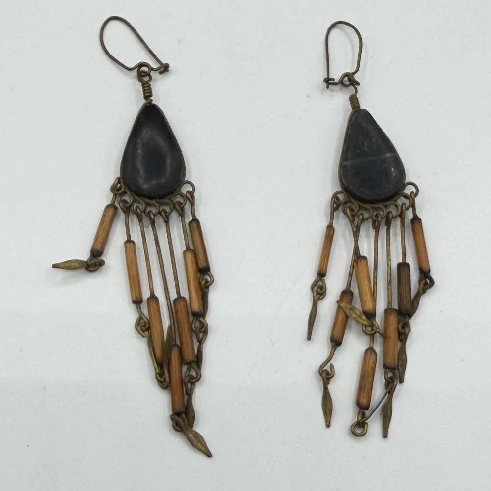 Black Teardrop Wood Bead Brass Tone Chandelier Dangle Boho Earrings Pierced Gift